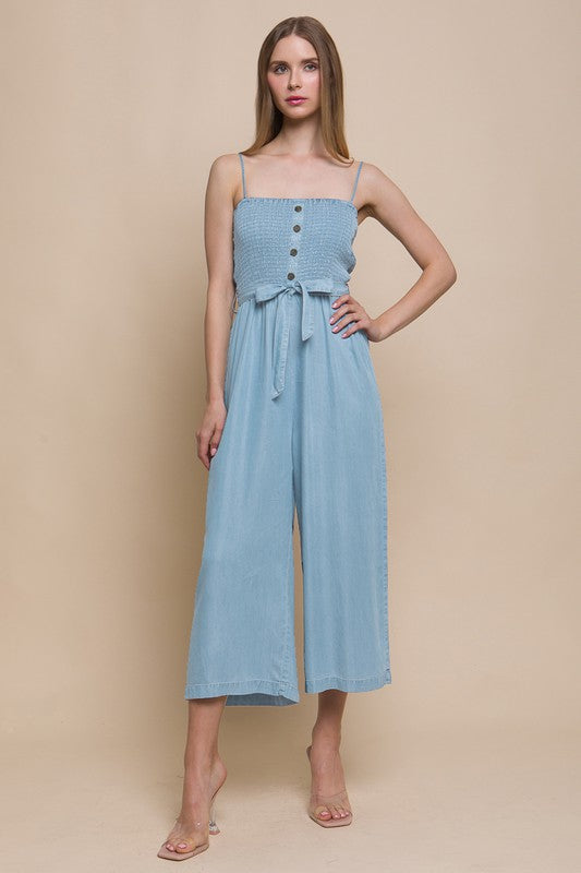 Light Blue Woven Solid Cami Smocked Jumpsuit