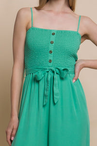Green Woven Solid Cami Smocked Jumpsuit