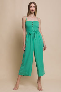 Green Woven Solid Cami Smocked Jumpsuit