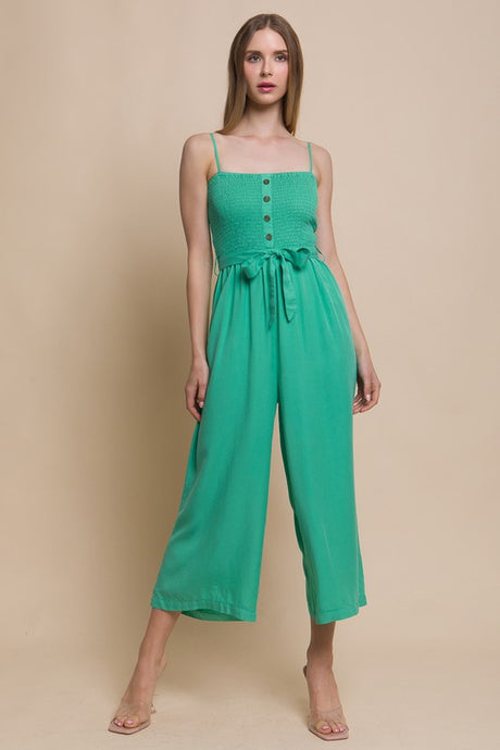 Green Woven Solid Cami Smocked Jumpsuit