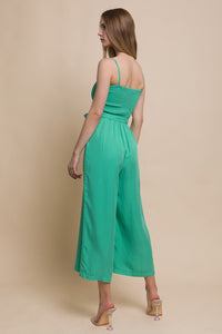Green Woven Solid Cami Smocked Jumpsuit