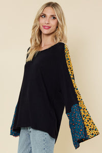 Black Mini Waffle Bell Sleeve Tunic Top