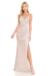 Blush Metallic Thigh Slit Formal Dress