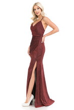 Dark Red Metallic Thigh Slit Formal Dress