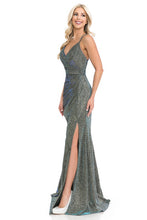 Dark Grey Metallic Thigh Slit Formal Dress