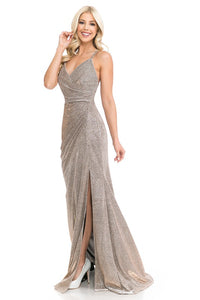 Taupe Metallic Thigh Slit Formal Dress