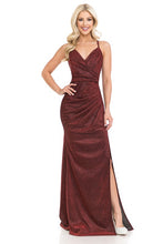 Dark Red Metallic Thigh Slit Formal Dress