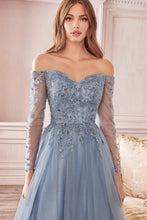 Smoky Blue A-line Off The Shoulder Layered Tulle Gown