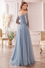 Smoky Blue A-line Off The Shoulder Layered Tulle Gown
