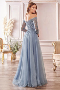 Smoky Blue A-line Off The Shoulder Layered Tulle Gown