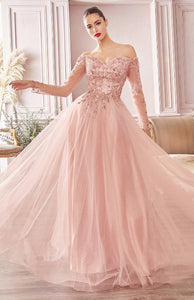Rose Gold  A-line Off The Shoulder Layered Tulle Gown