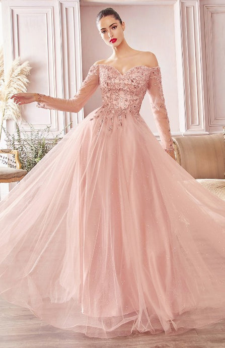 Rose Gold  A-line Off The Shoulder Layered Tulle Gown