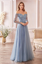 Smoky Blue A-line Off The Shoulder Layered Tulle Gown