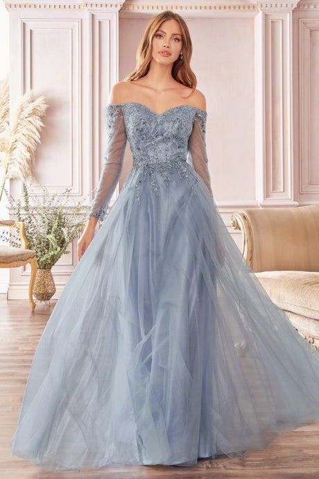 Smoky Blue A-line Off The Shoulder Layered Tulle Gown