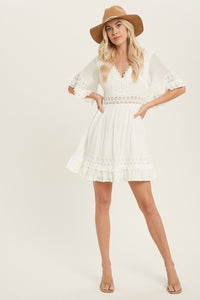 White V-neck Lace Trim Dress