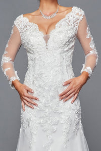 White Long Sleeve Plunge Neckline A Line Bridal Gown