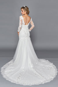 White Long Sleeve Plunge Neckline A Line Bridal Gown