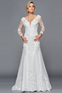 White Long Sleeve Plunge Neckline A Line Bridal Gown