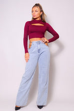 Burgundy Sexy Long Sleeve Mock Neck Basic Crop Top