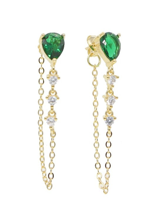 Gold Emerald Green CZ Teardrop Dangle Earring