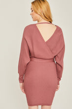 Rose Off Shoulder Wrap Belted Ribbed Knit Dress