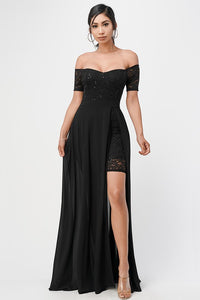 Black Off The Shoulder Sequin Lace And Chiffon Dress
