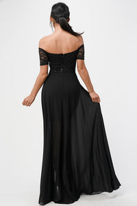 Black Off The Shoulder Sequin Lace And Chiffon Dress
