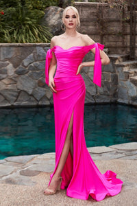 Fuchsia Sexy Drop-shoulder Long Evening Dress