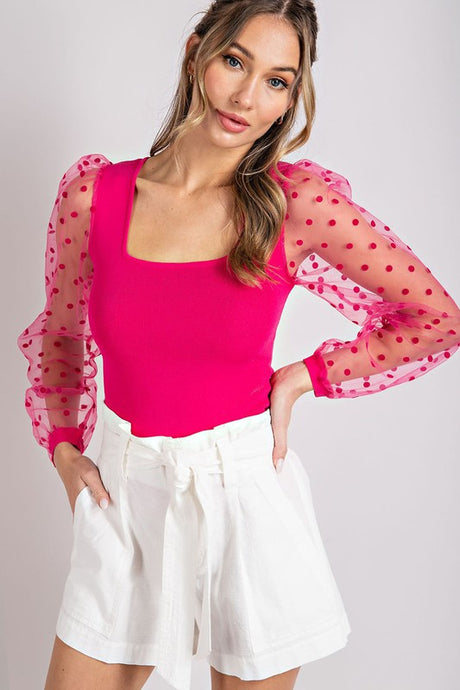 Hot Pink Polka Dot Square Neck Top