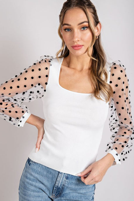 White Polka Dot Square Neck Top