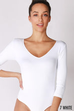 White Ribbed 3/4 Sleeve V Neck Bodysuit