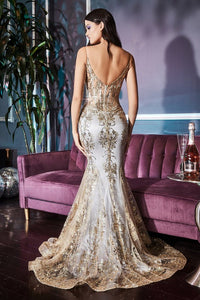 Gold-Mist Layered Tulle and Glitter Lace Print Sling Evening Gown