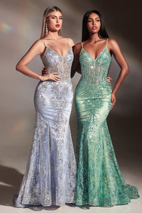 Sage Layered Tulle and Glitter Lace Print Sling Evening Gown