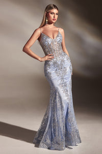 Light Blue Layered Tulle and Glitter Lace Print Sling Evening Gown