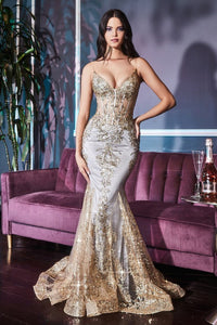 Rose Gold Layered Tulle and Glitter Lace Print Sling Evening Gown