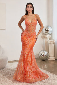 Neon Orange Layered Tulle and Glitter Lace Print Sling Evening Gown