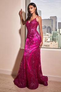 Magenta Layered Tulle and Glitter Lace Print Sling Evening Gown