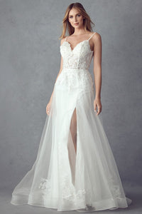 Off White A Line Lace Embellished Bridal Gown