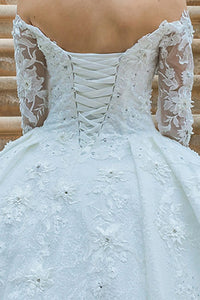 Off White Off Shoulder Long Sleeve Bridal Gown