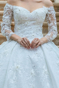 Off White Off Shoulder Long Sleeve Bridal Gown