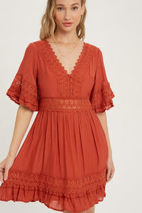Orange V-neck Lace Trim Dress