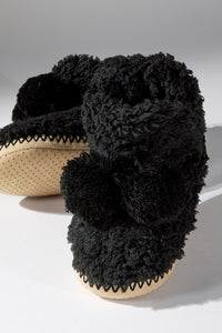 Black Cozy Booties Slipper With Ball Accent