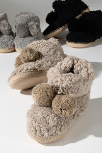 Taupe Cozy Booties Slipper With Ball Accent