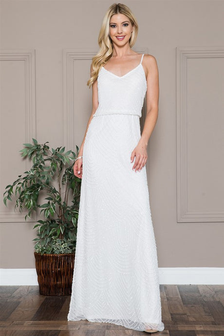 White Sequin Overlay Spaghetti Straps Gown