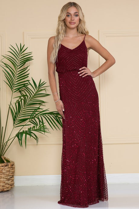 Burgundy Sequin Overlay Spaghetti Straps Gown