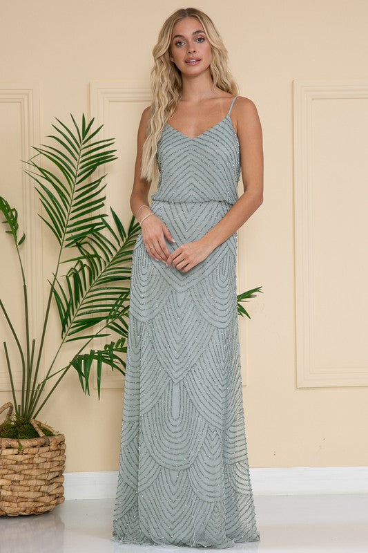 Dusty Mint Sequin Overlay Spaghetti Straps Gown