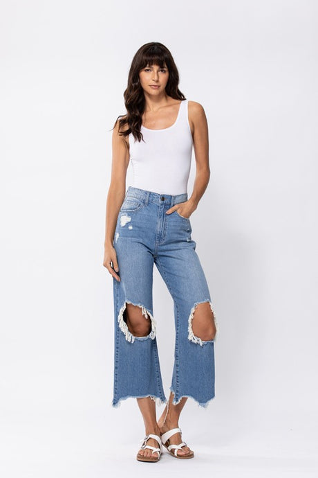 Super High Rise Cropped Wide Leg W Destroyed Knees