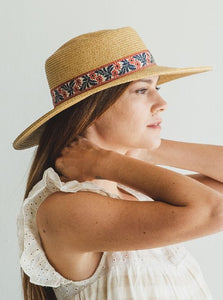 Red Ribbon Sun Hat W Floral Jacquard Band