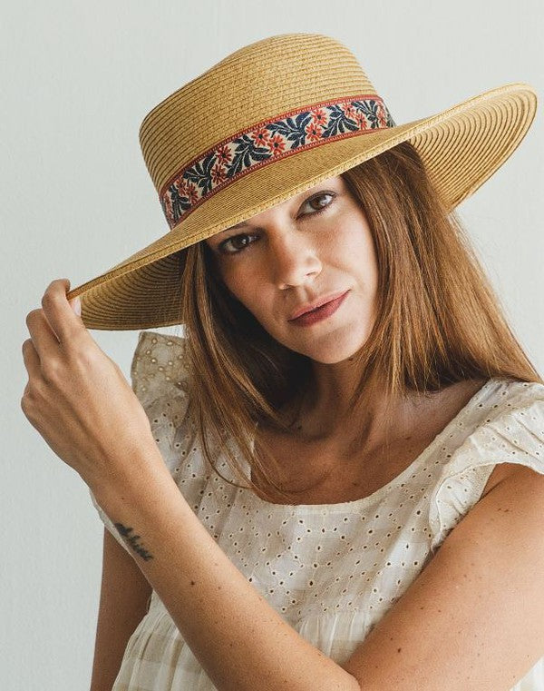 Red Ribbon Sun Hat W Floral Jacquard Band