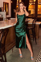 Dark Green Slim Fit Satin Midi Dress
